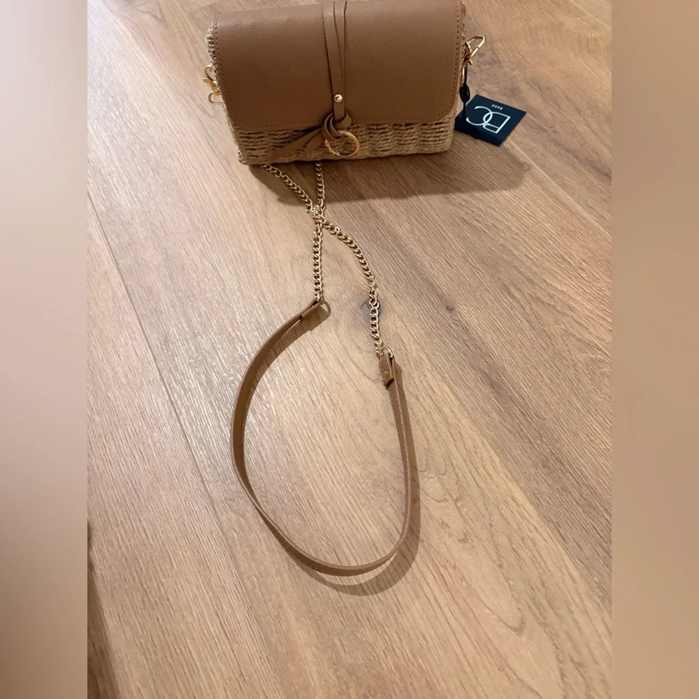Woven Crossbody Bag with Leather Flap - Tan - Picture 3 of 5